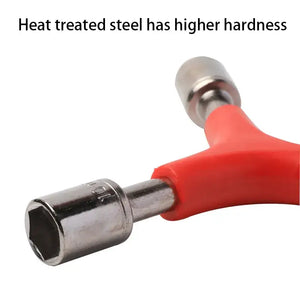 Close-up of the 10 mm steel socket and red handle on a Y-shaped bicycle wrench.