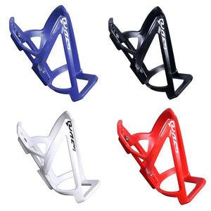 Four bicycle bottle cages in blue, black, white, and red on a white background