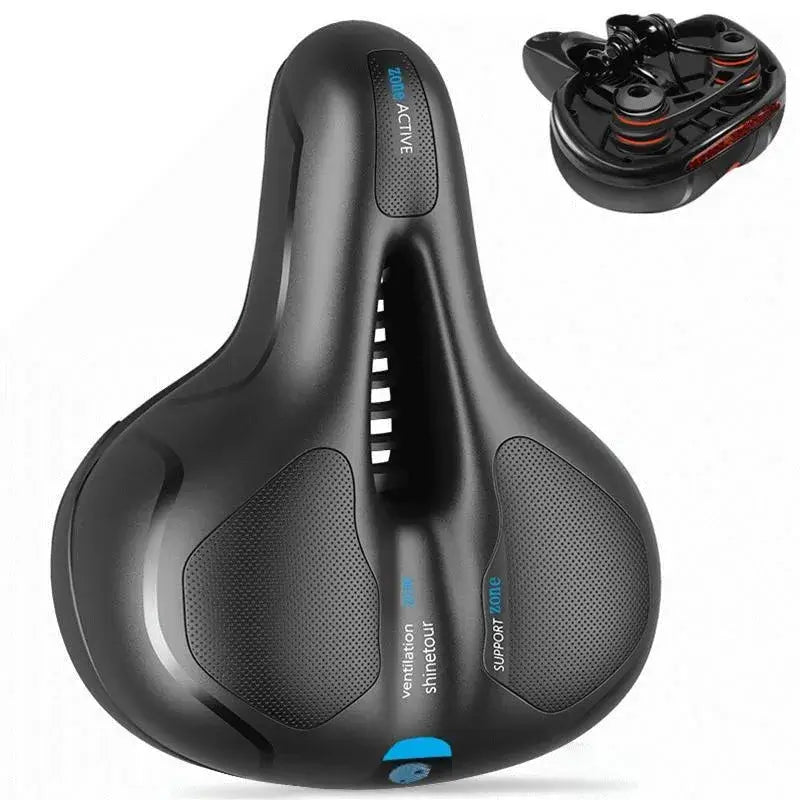 Maxlerz Comfort Bicycle Saddle Top View Showing Central Ventilation Channel and Dual Shock Absorption Underside