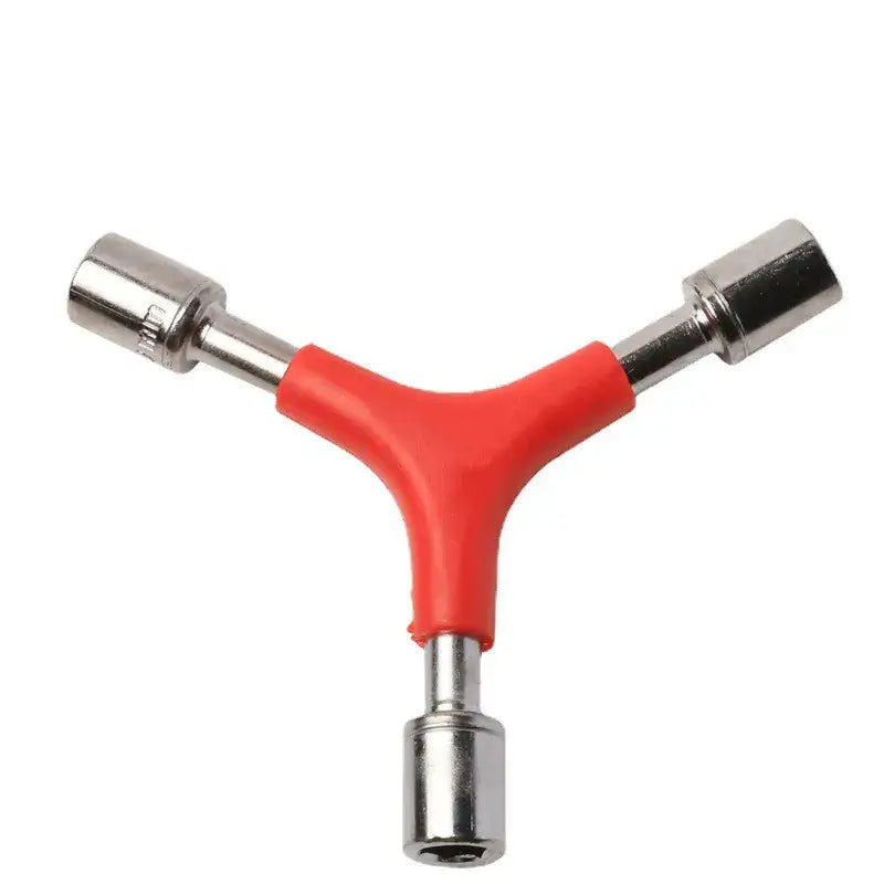 Three-way bicycle socket wrench with a red center grip and silver socket heads on a white background.