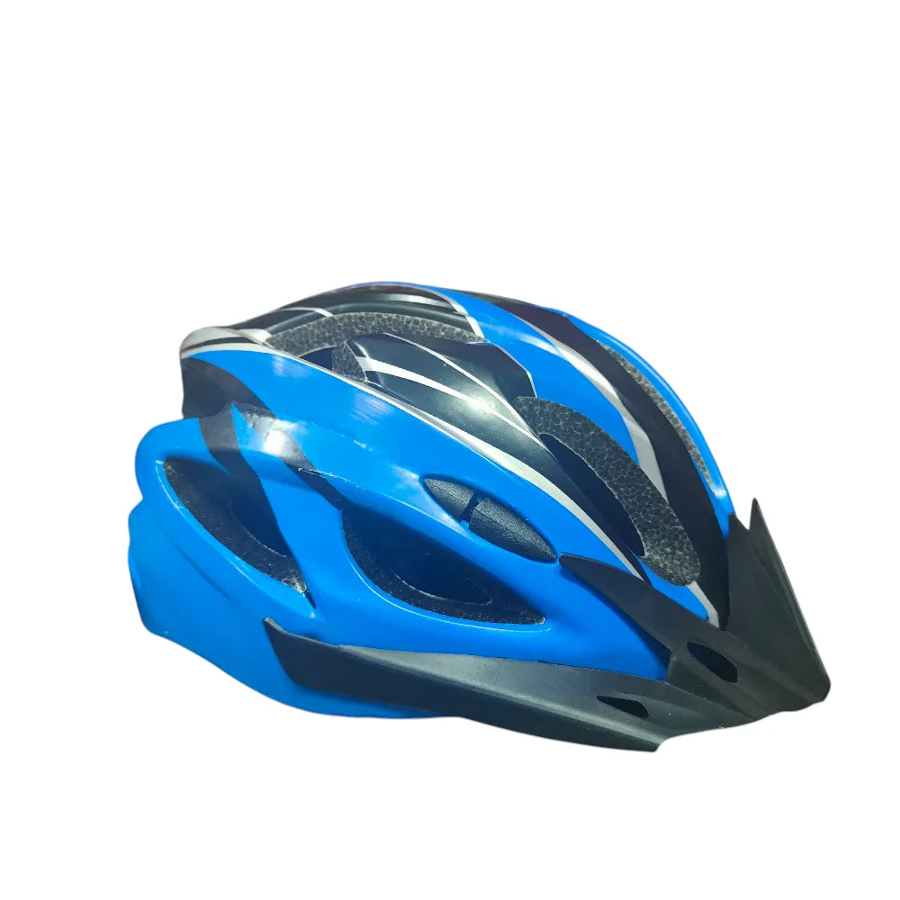 A blue and black bicycle helmet with multiple aerodynamic vents, shown from a three-quarters angle on a plain white background.