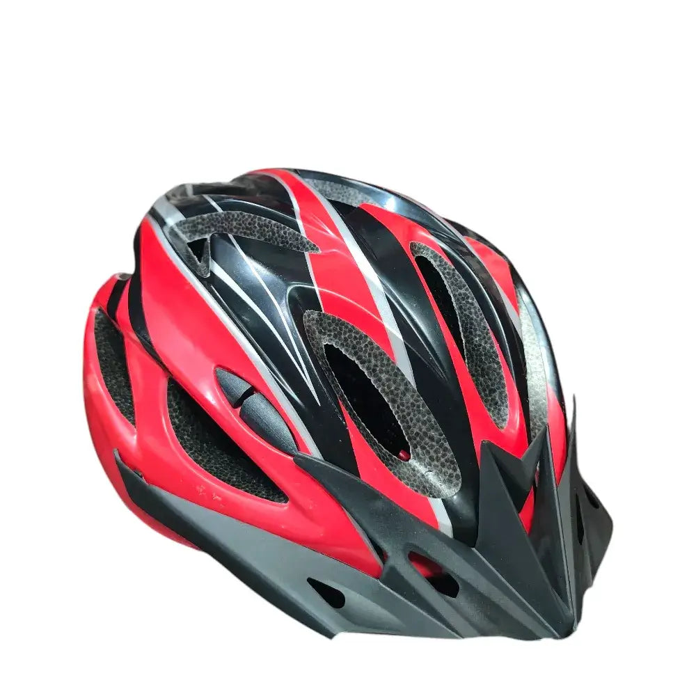 Front angled view of the Maxlerz red cycling helmet with black visor, ventilation openings, and white detailing.