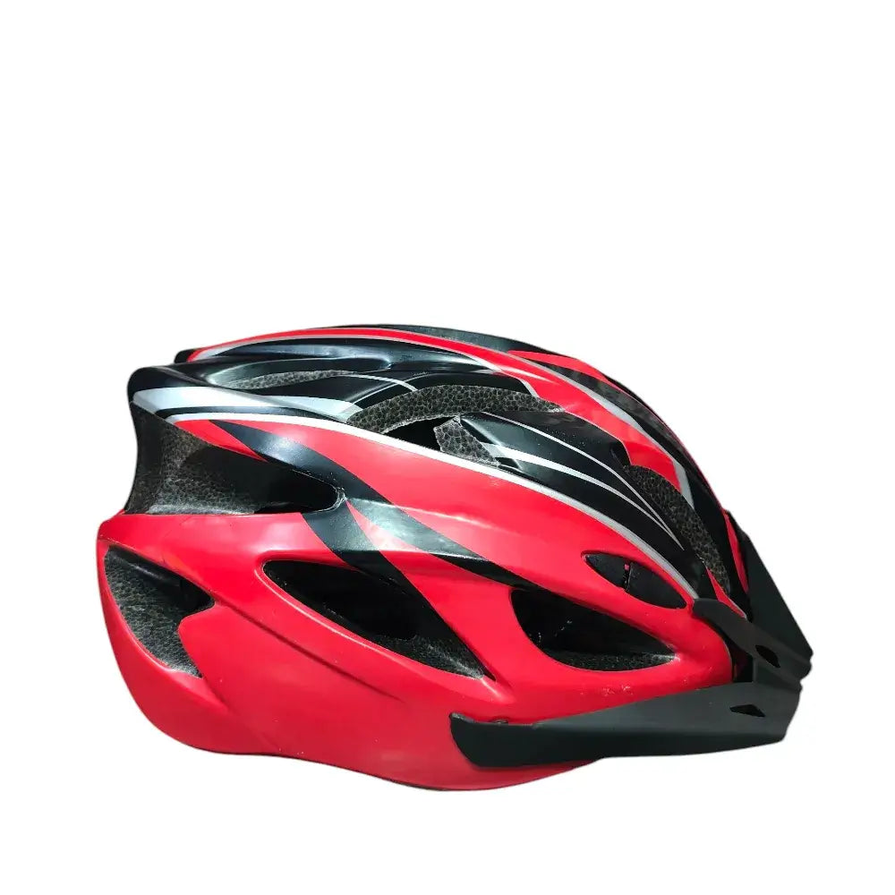 Side view of the Maxlerz red cycling helmet showing the black front visor, large air vents, and white accents.