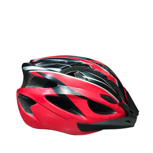 Side view of the Maxlerz red cycling helmet showing the black front visor, large air vents, and white accents.
