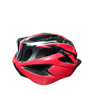 Rear angled view of the Maxlerz red and black cycling helmet showing rear ventilation openings and white accents.