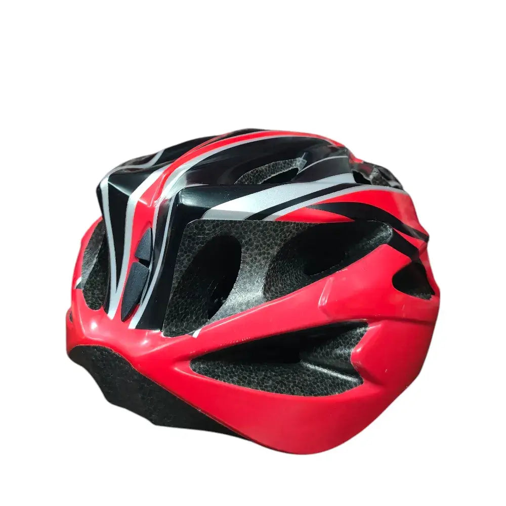 A red and black bicycle helmet with silver accents, shown from a three-quarters angle against a plain white background.