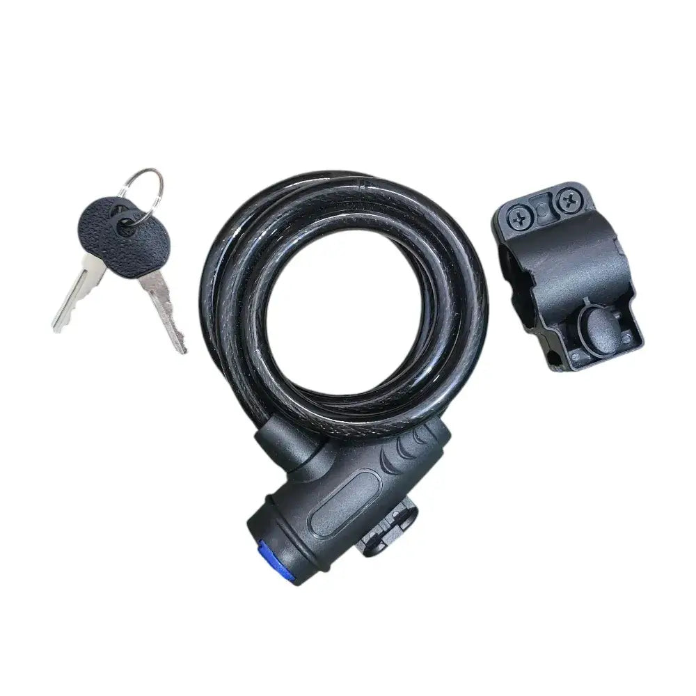 Black coiled bicycle cable lock with two keys and a frame mounting bracket on a white background