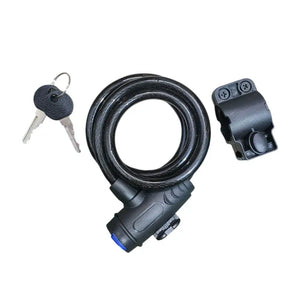 Black coiled bicycle cable lock with two keys and a frame mounting bracket on a white background