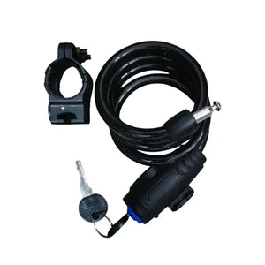 Black coiled bicycle cable lock shown unlatched with key attached on a ring and detached mounting clamp on a white background