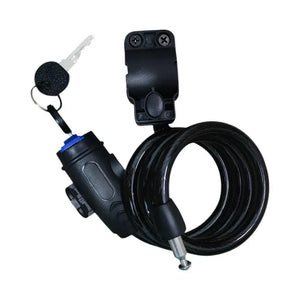 Black coiled bicycle cable lock shown unlatched with key inserted and mounting bracket attached on a plain white background