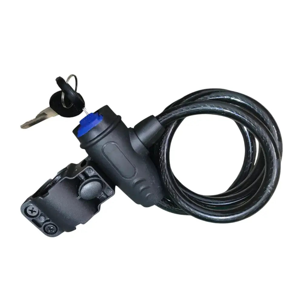 Black coiled bicycle cable lock with blue accent ring, attached mounting bracket, and two inserted keys on a white background