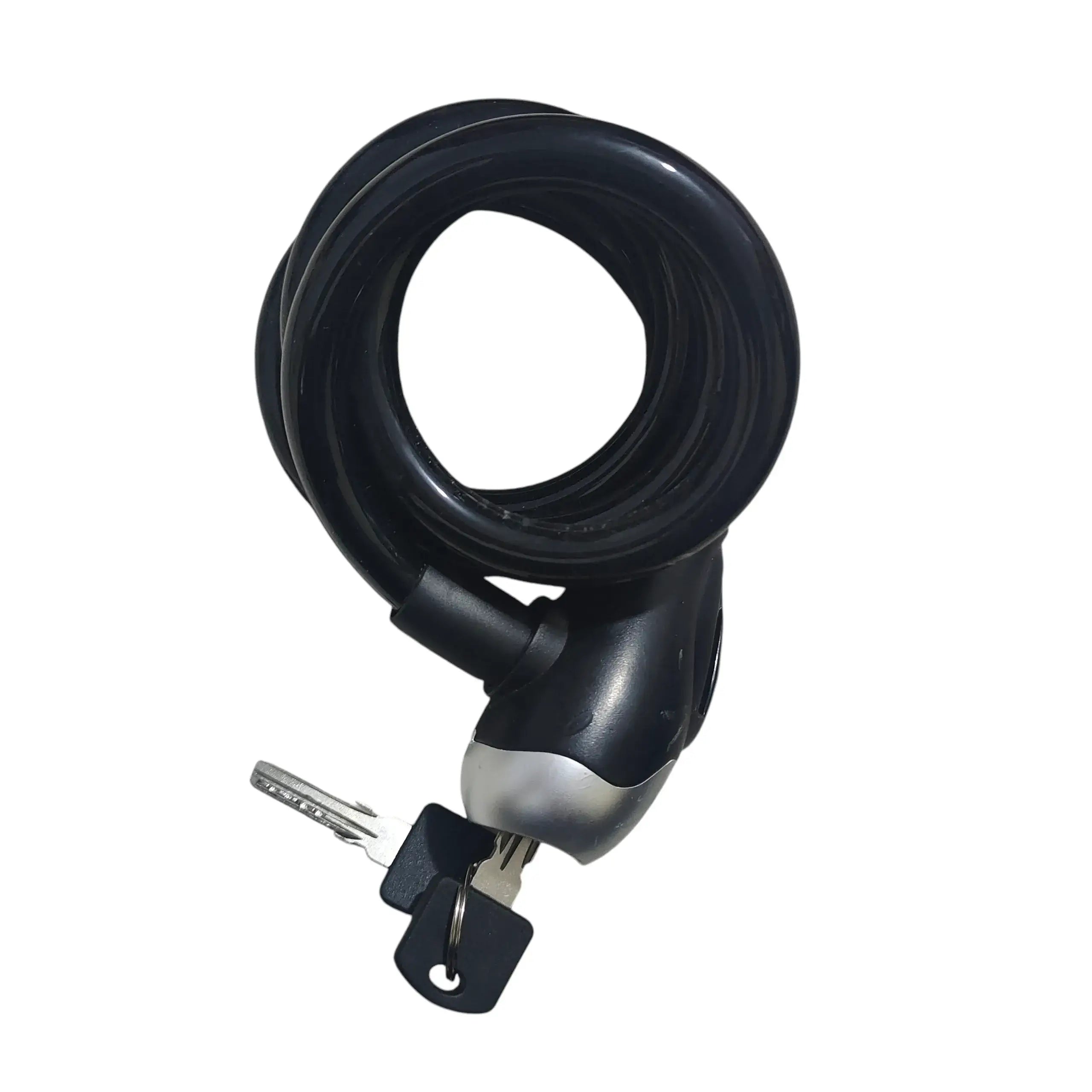 Coiled black bicycle cable lock with two keys attached, one inserted into the lock head, isolated on a white background.