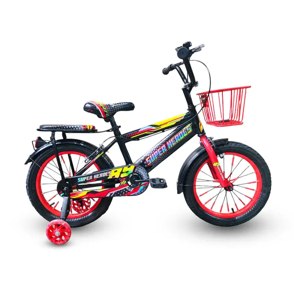 Side profile view of Super Hero 16-inch Red and black kids bike with training wheels and front basket.