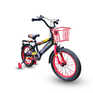Super Hero 16-inch kids bike in Red and black with training wheels, front basket, and padded rear seat by ABO ELGOUKH.