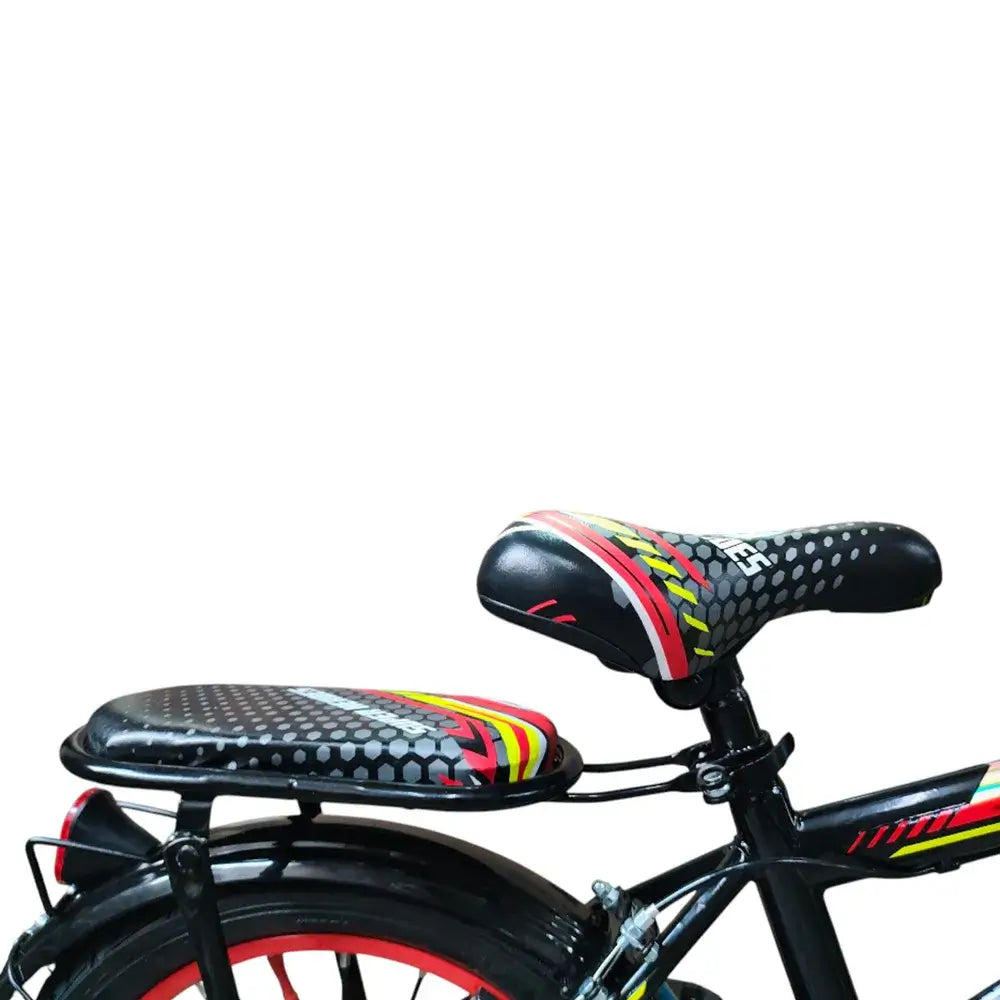 Side view of the bike saddle and padded rear seat on the Super Hero 16-inch Red kids bicycle, showing the comfortable seating design.
