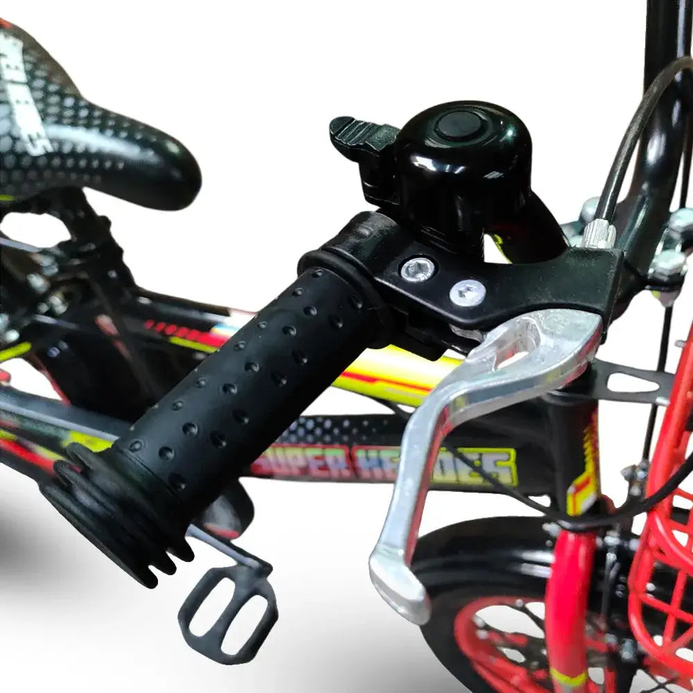 Close-up of handlebars, bell, metal brake lever, and front Red basket on Super Hero 16-inch kids bike.