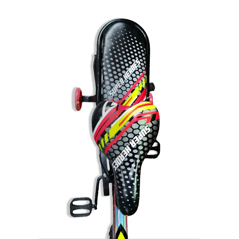 Close-up of bike saddle and padded rear seat on Super Hero 16-inch Red kids bike.