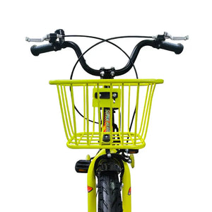 Front view close-up of yellow wire basket and handlebars on Super Hero 16-inch kids bike.