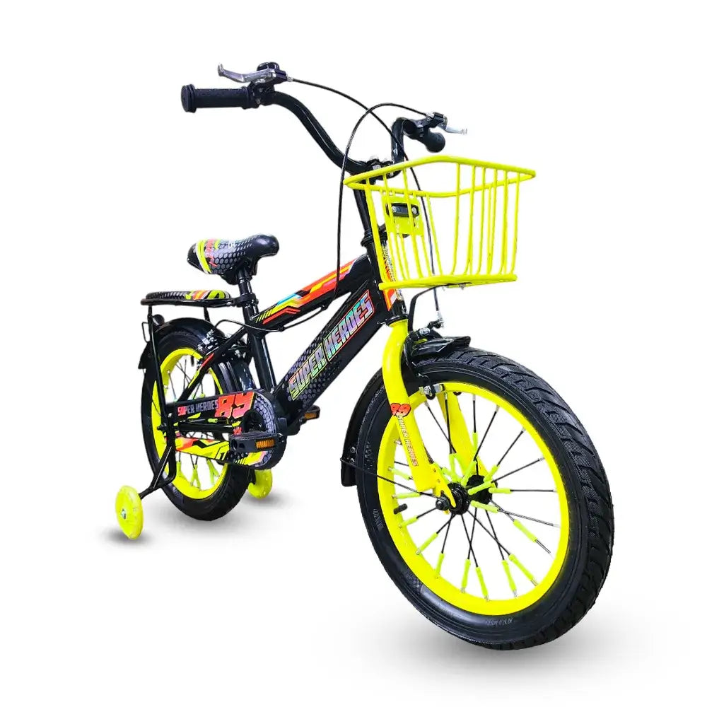 Super Hero 16-inch kids bike in yellow and black with training wheels, front basket, and padded rear seat by ABO ELGOUKH.