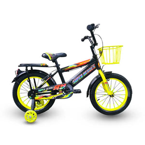 Side profile view of Super Hero 16-inch yellow and black kids bike with training wheels and front basket.
