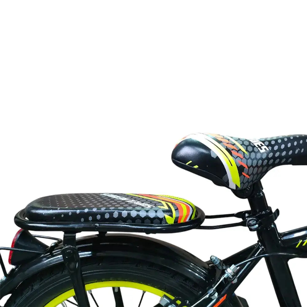 Close-up of bike saddle and padded rear seat on Super Hero 16-inch yellow kids bike.