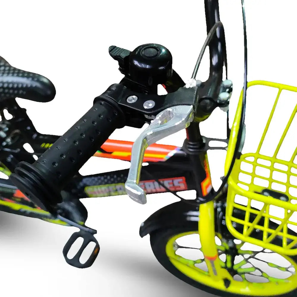 Close-up of handlebars, bell, brake lever, and yellow front basket on Super Hero 16-inch kids bike.