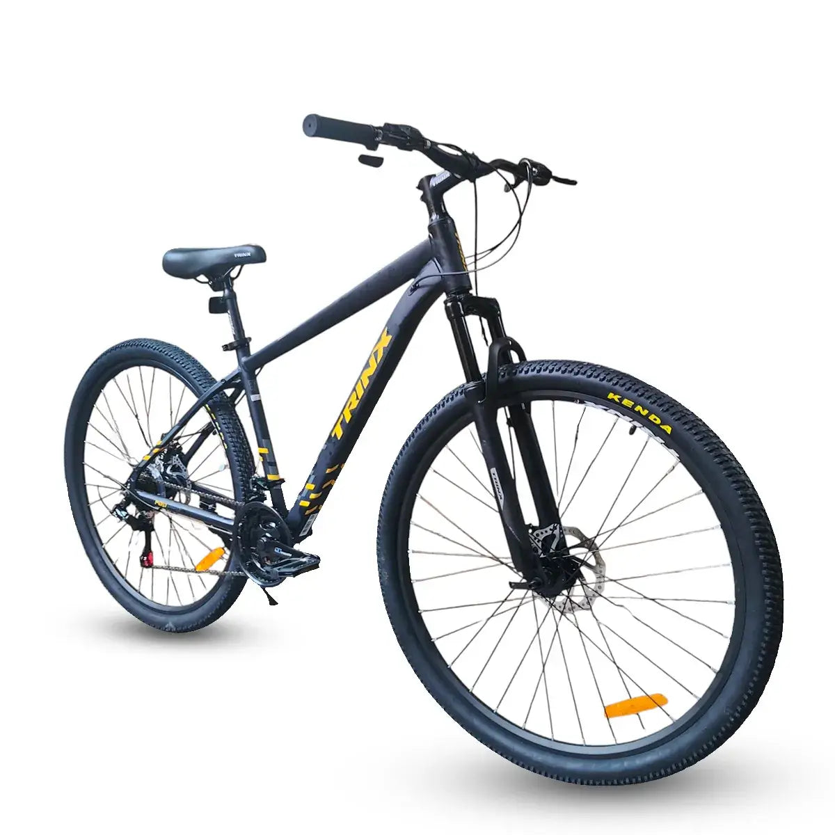 Trinx M007 PRO 29-inch mountain bike in black with yellow accents, featuring lightweight aluminum frame, front suspension fork, disc brakes, and Kenda tires.