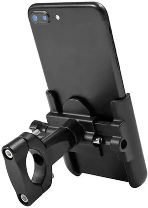 Rear view of a black metal bicycle phone holder with handlebar clamp holding a smartphone on white background