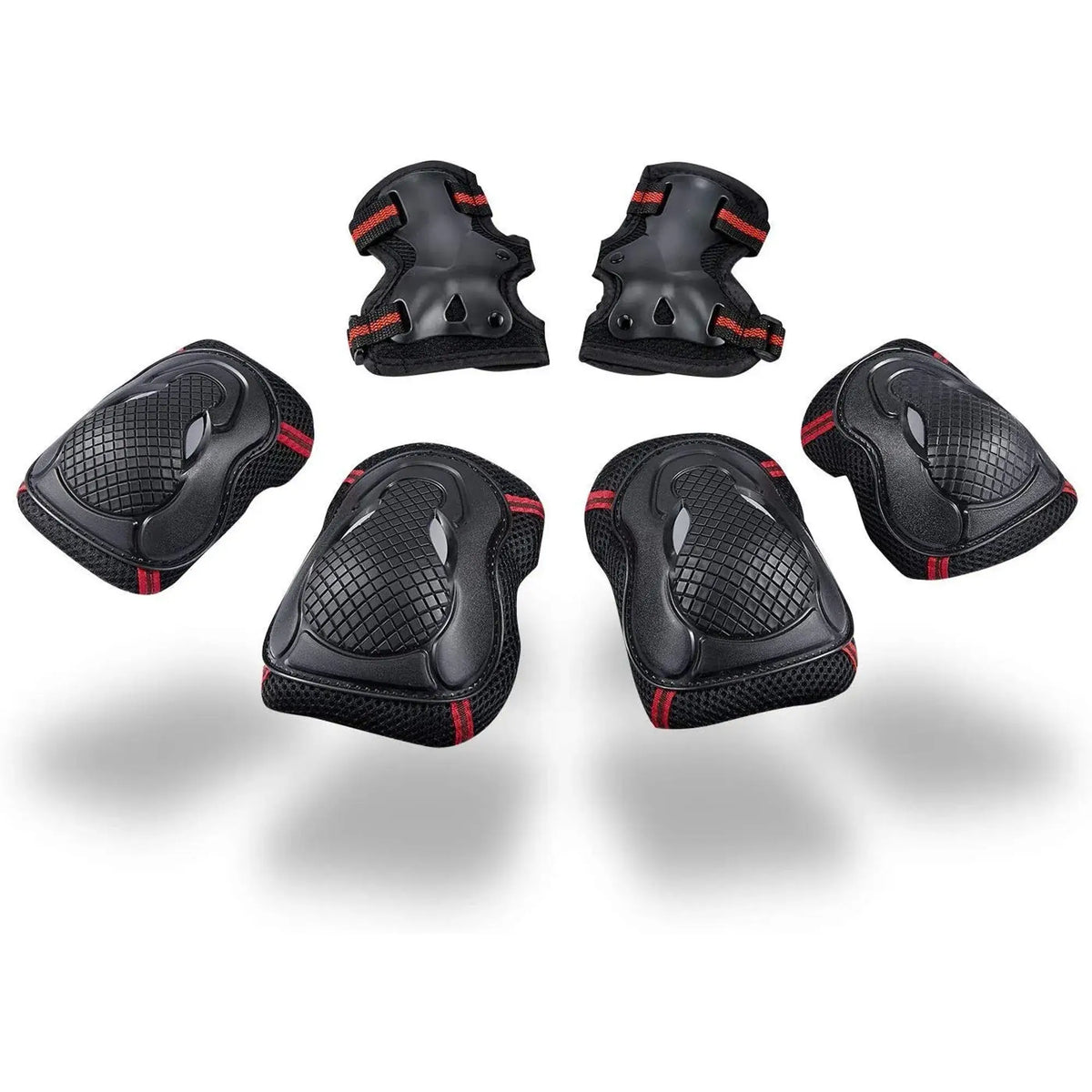 6-Piece Black Protective Gear Set Layout Featuring Knee Pads, Elbow Pads, and Wrist Guards with Red Accents