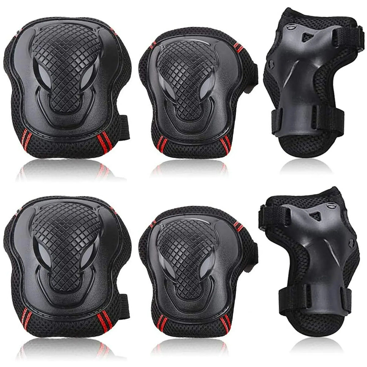 Black Protective Gear Set – Multi-Angle Product View Showing Knee Pads, Elbow Pads, and Wrist Guards for Sports and Skating