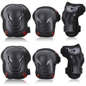 Black Protective Gear Set – Multi-Angle Product View Showing Knee Pads, Elbow Pads, and Wrist Guards for Sports and Skating