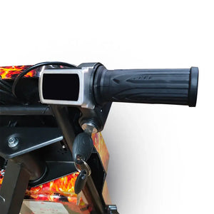 Close-up of kids Drift Electric Scooter handlebar featuring digital display screen, key ignition, and grip.