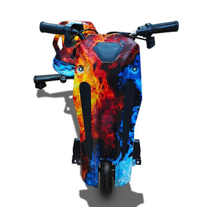 Front view of kids Drift Electric Scooter featuring Ice & Fire flame graphics on the front body panels.