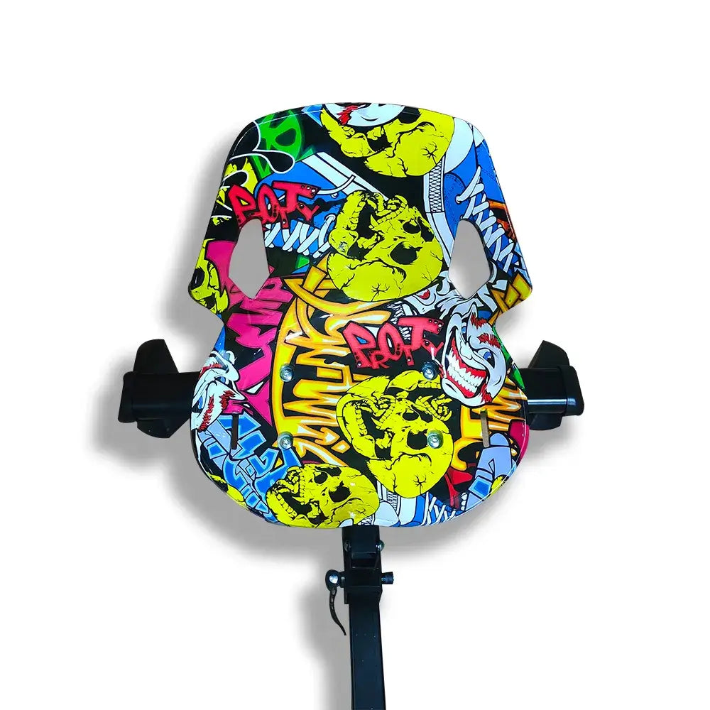 Close-up of kids Drift Electric Scooter adjustable seat featuring colorful graffiti graphics.