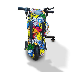 Rear view of kids Drift Electric Scooter with colorful graffiti print, showing rear wheel and side casters.