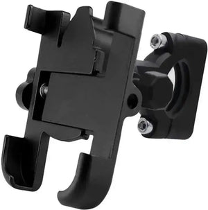 Side angle view of black metal bicycle phone mount with four-corner clamp design isolated on white background