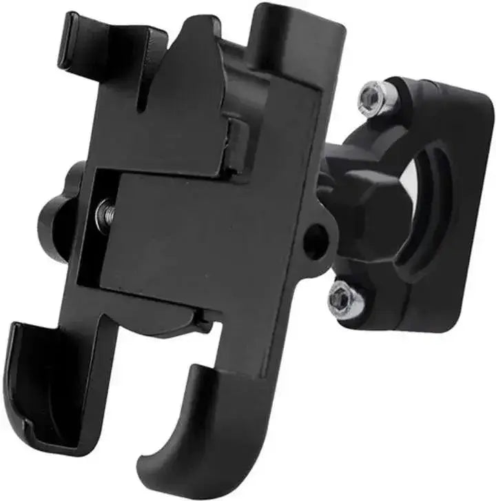 Side angle view of black metal bicycle phone mount with four-corner clamp design isolated on white background