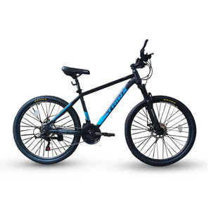 Side profile view of Trinx K026 26-inch mountain bike in blue gray and black, isolated on white background
