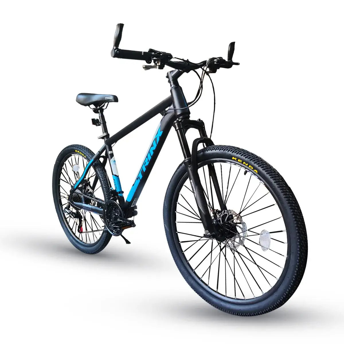Trinx K026 26-inch mountain bike in black and blue, three-quarter front view isolated on white background