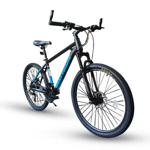 Trinx K026 26-inch mountain bike in black and blue, three-quarter front view isolated on white background