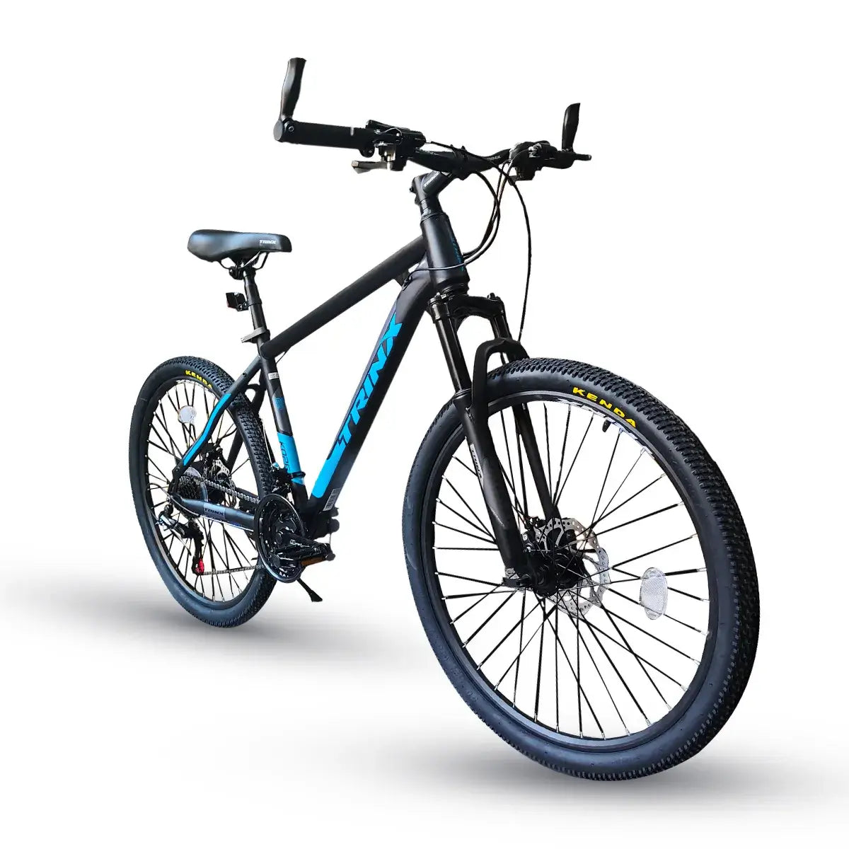 Trinx K026 26-inch mountain bike in blue gray and black, three-quarter front view isolated on white background
