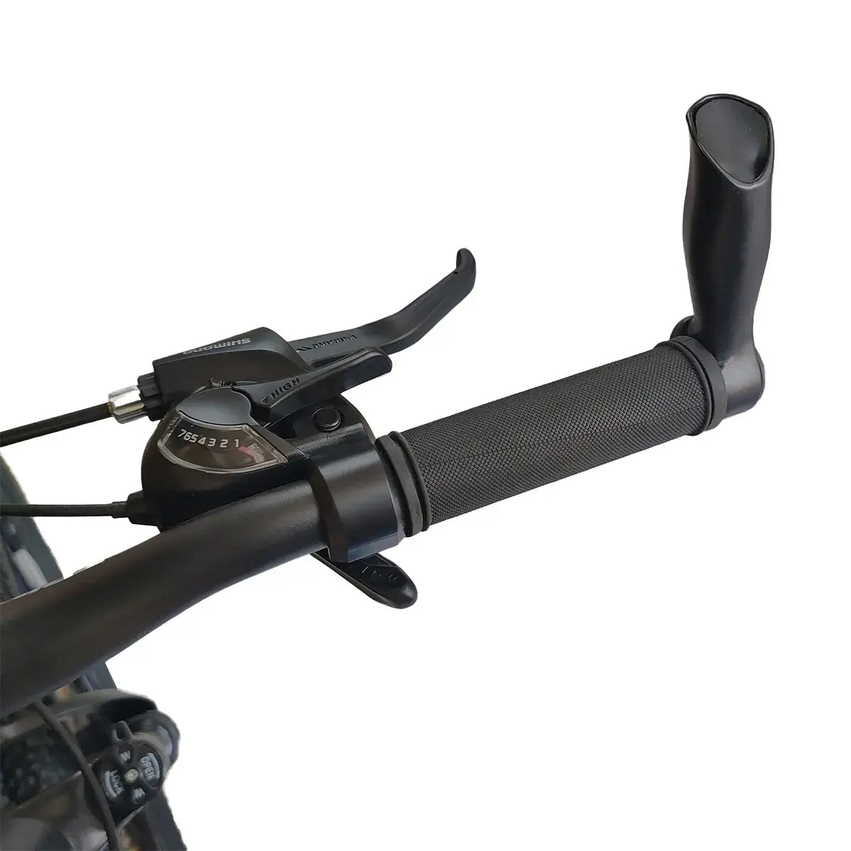 Close-up view of bicycle handlebar featuring Shimano gear shifter, textured grip, and ergonomic bar end extension, isolated on white background