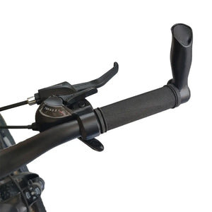 Close-up view of bicycle handlebar featuring Shimano gear shifter, textured grip, and ergonomic bar end extension, isolated on white background