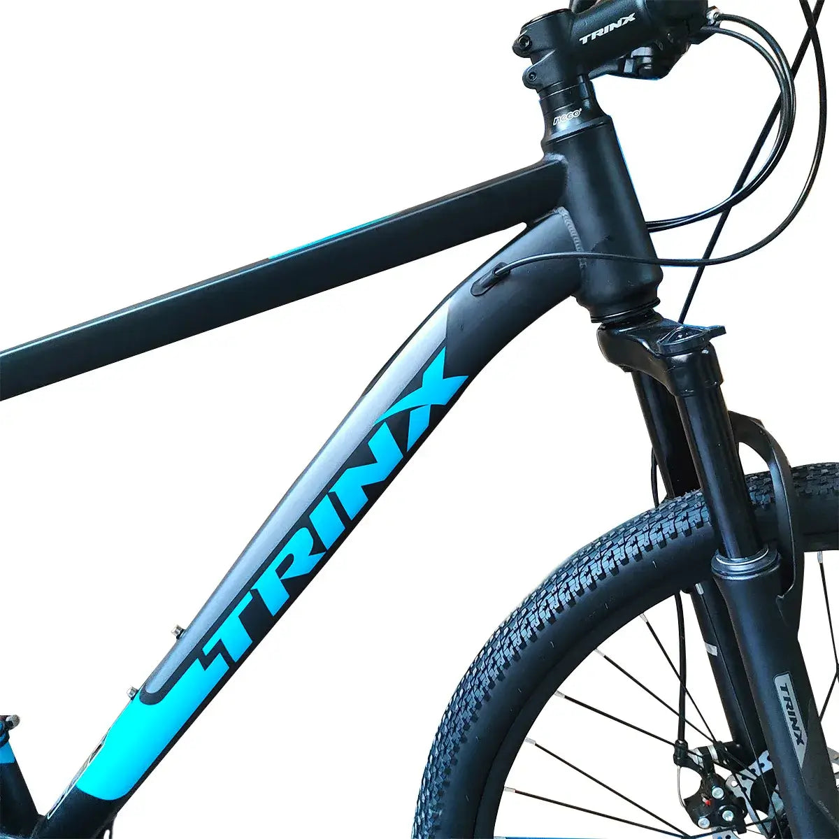 Close-up view of Trinx K026 mountain bike frame with blue and gray branding, isolated on white background