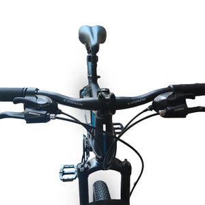 Front high-angle view of Trinx K026 mountain bike handlebar, stem, and brake levers with saddle in background, isolated on white background