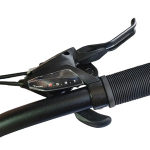 Close-up of Shimano ST-EF500 shifter and brake lever on mountain bike handlebar, isolated on white background