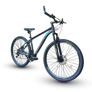 Trinx M136 PRO 29er mountain bike in black and blue, three-quarter view isolated on white background