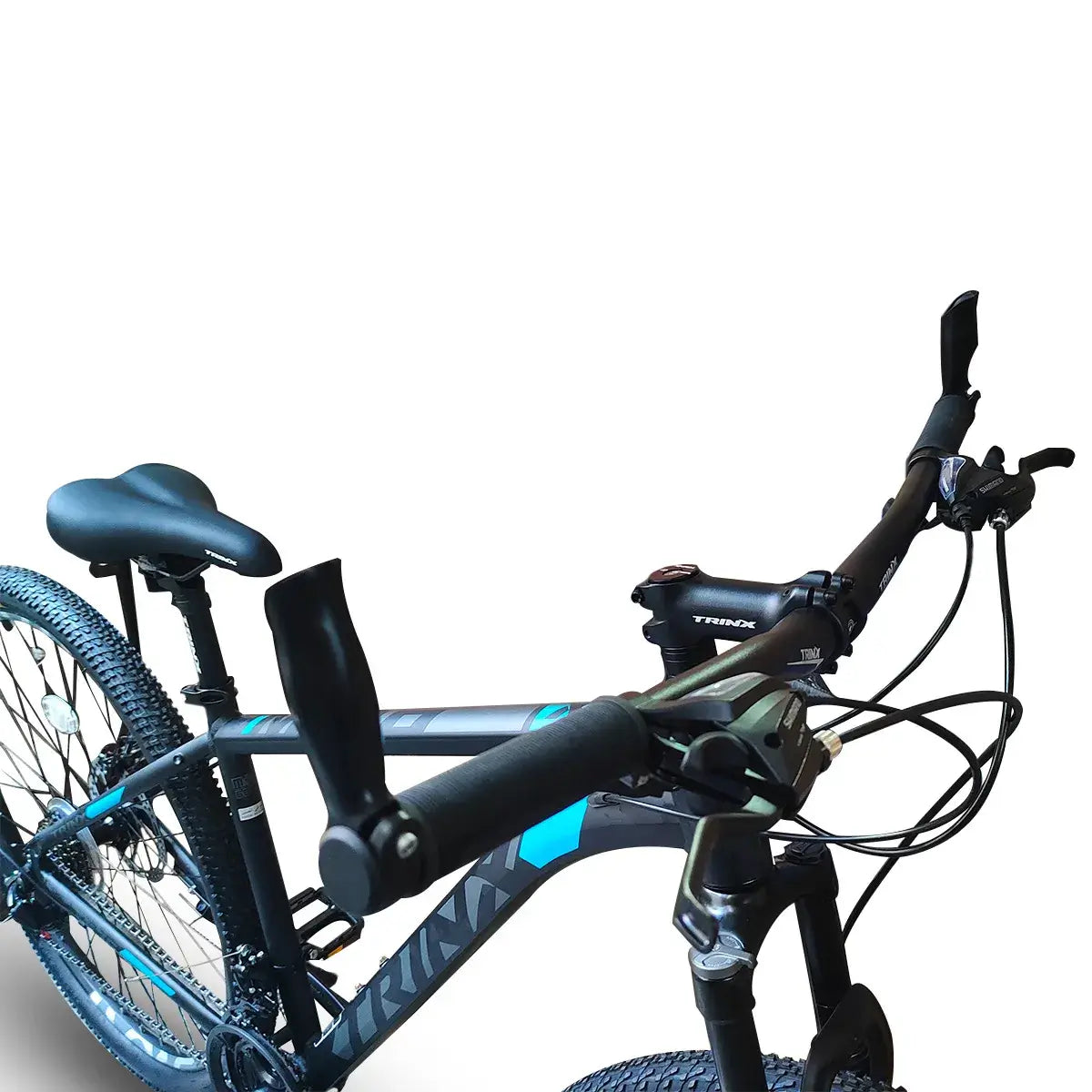 High-angle front view of Trinx M136 PRO mountain bike showing blue and black frame and handlebar setup, isolated on white background