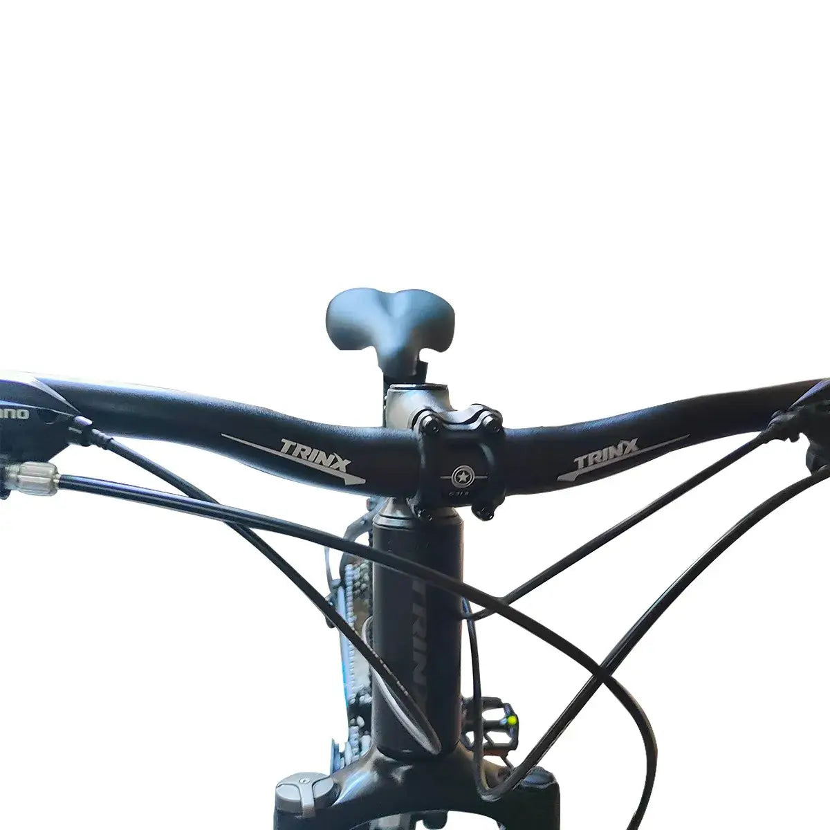 Front view close-up of Trinx mountain bike handlebar and stem assembly, isolated on white background