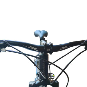 Front view close-up of Trinx mountain bike handlebar and stem assembly, isolated on white background